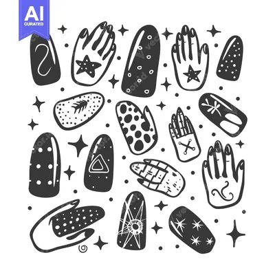 Aset desain premium: Hand-Drawn Black and White Nail Art Designs