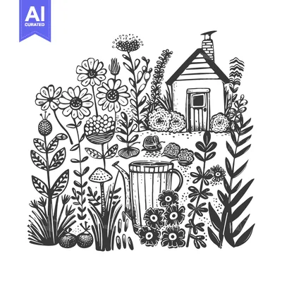 Aset premium populer: Hand-drawn black and white illustration of a small house in a garden w