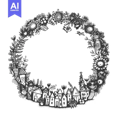 Aset premium populer: Hand-drawn black and white illustration of a whimsical town surrounded