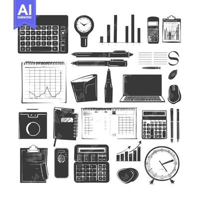Aset desain premium: Hand-Drawn Black and White Office Supplies and Tools for Business and