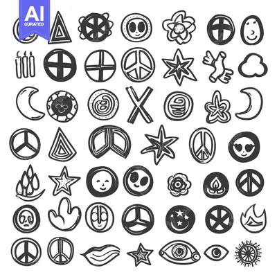 Hand-Drawn Black and White Peace Sign and Hippie Symbols