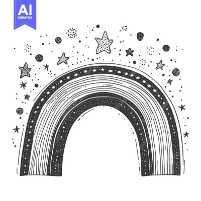 Hand-drawn Black and White Rainbow with Stars and Dots