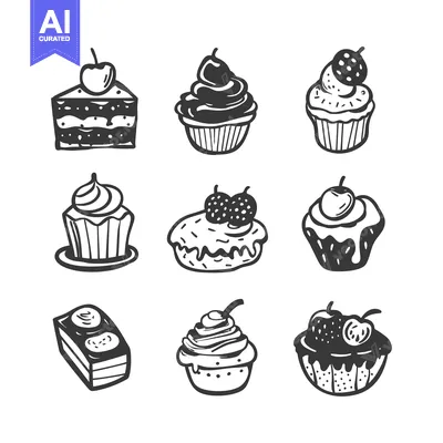 Popular premium asset: Hand-Drawn Black and White Set of Cupcakes and Cakes with Fruit Toppin