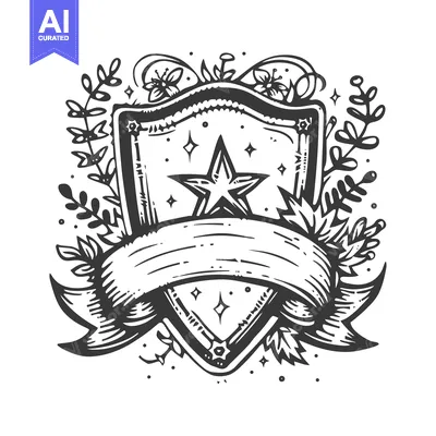 Aset premium populer: Hand-drawn black and white shield with star and ribbon