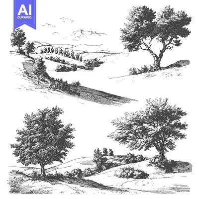 Aset premium populer: Hand-Drawn Black and White Sketches of Trees and Hills