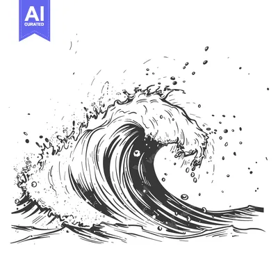 Aset desain premium: Hand-Drawn Black and White Sketch of a Breaking Ocean Wave