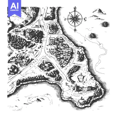 Premium design asset: Hand-drawn Black and White Sketch of a Coastal Town on an Old Map