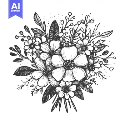 Aset premium populer: Hand-Drawn Black and White Sketch of a Delicate Floral Bouquet