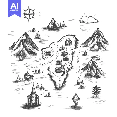 Aset desain premium: Hand-Drawn Black and White Sketch of a Fantasy Island Map