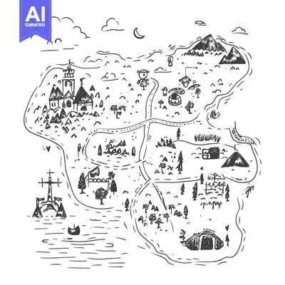 Aset desain premium: Hand-Drawn Black and White Sketch of a Fantasy Island Map
