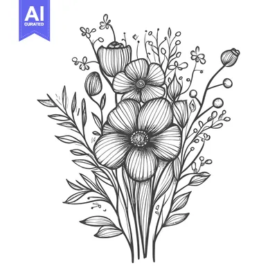 Aset premium populer: Hand-Drawn Black and White Sketch of a Floral Bouquet with Three Flowe