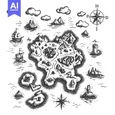 Aset premium populer: Hand-Drawn Black and White Sketch of a Pirate Treasure Island with Two