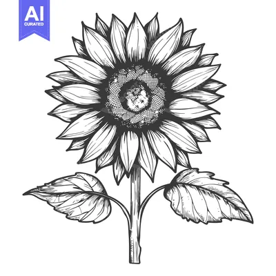 Aset desain premium: Hand-Drawn Black and White Sketch of a Sunflower with Leaves