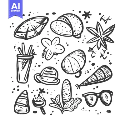 Aset desain premium: Hand-Drawn Black and White Summer Vacation Essentials Illustration