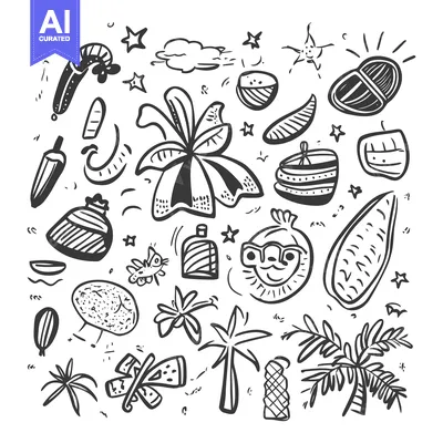 Aset premium populer: Hand-Drawn Black and White Tropical Illustration with Palm Trees, Coco