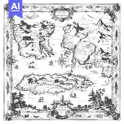 Premium design asset: Hand-drawn black and white vintage nautical map of islands with ships