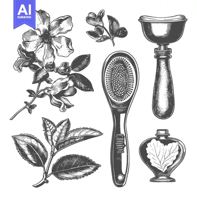 Aset desain premium: Hand-drawn botanical illustrations of flowers, leaves, and beauty tool