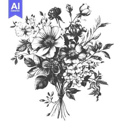 Premium design asset: Hand-Drawn Bouquet of Black and White Flowers and Leaves