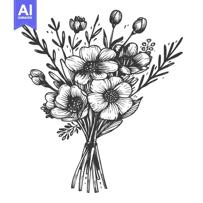 Aset desain premium: Hand-Drawn Bouquet of Flowers and Greenery