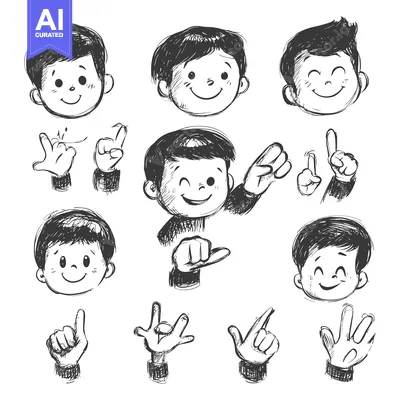 Aset desain premium: Hand Drawn Cartoon Boy with Various Facial Expressions and Hand Gestur