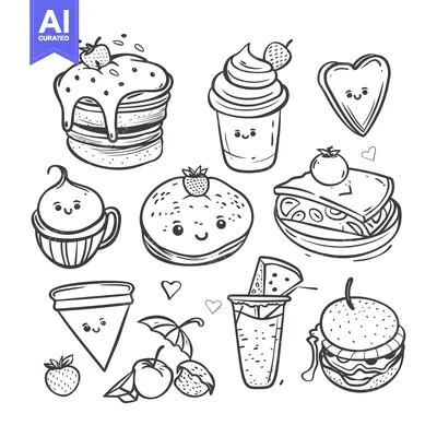 Aset desain premium: Hand-Drawn Cartoon Food and Drink Illustrations with Kawaii Faces