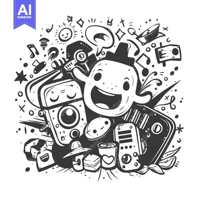 Aset premium populer: Hand-drawn cartoon illustration of a smiling character surrounded by v