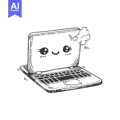 Aset desain premium: Hand-Drawn Cartoon Illustration of a Smiling Laptop with a Thought Bub