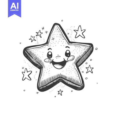 Hand-drawn cartoon illustration of a smiling star with little stars ar