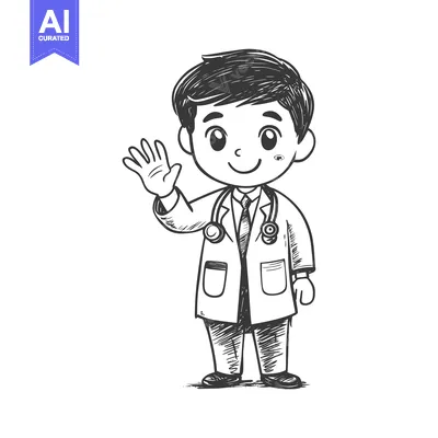 Premium design asset: Hand-drawn cartoon of a doctor with a stethoscope waving hello