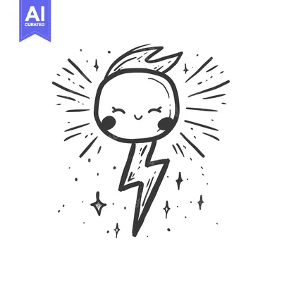 Aset desain premium: Hand-drawn cartoon of a smiling sun with a lightning bolt