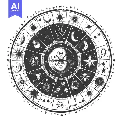 Aset desain premium: Hand-drawn celestial compass with sun, moon, and stars