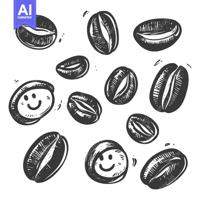 Aset desain premium: Hand-Drawn Coffee Beans with Happy Faces on White Background
