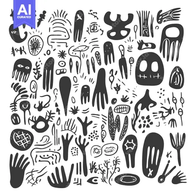 Aset premium populer: Hand-Drawn Collection of Abstract Shapes, Eyes, and Plants