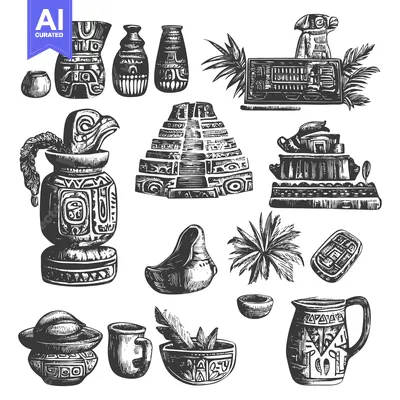 Aset desain premium: Hand-Drawn Collection of Ancient Mayan Pottery and Architecture