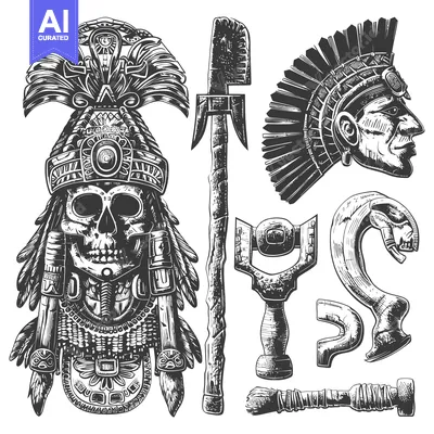 Aset desain premium: Hand-Drawn Collection of Aztec Warrior Accessories and Decorations