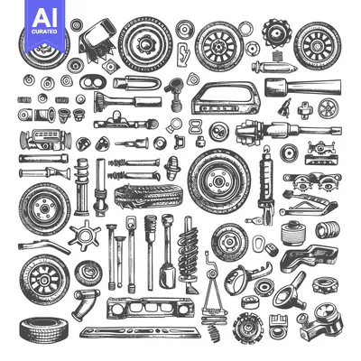 Hand-Drawn Collection of Car Parts and Accessories