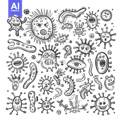 Hand-Drawn Collection of Cute and Funny Cartoon Microbes