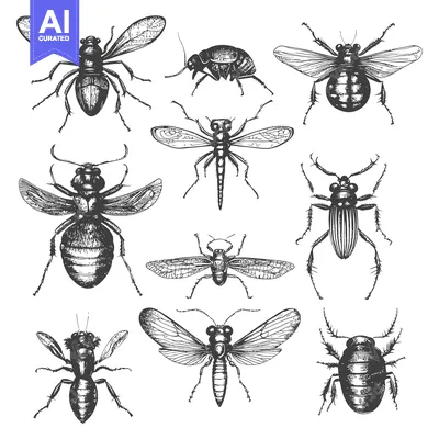 Aset desain premium: Hand-drawn Collection of Detailed Insect Illustrations