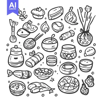 Aset premium populer: Hand-Drawn Collection of Diverse Food and Ingredients