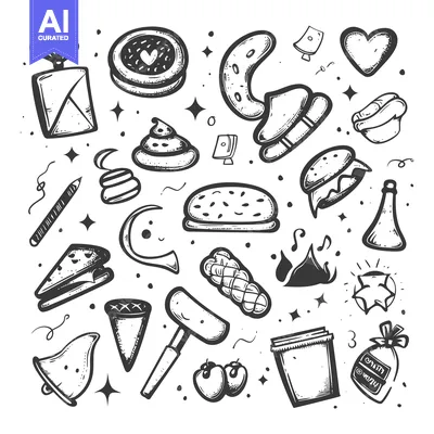 Aset desain premium: Hand-Drawn Collection of Diverse Objects and Symbols in Black and Whit