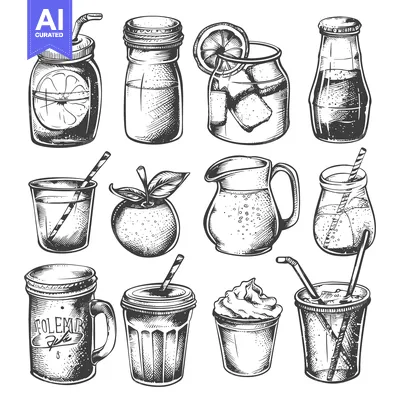 Popular premium asset: Hand Drawn Collection of Drinks with Straws in Glassware