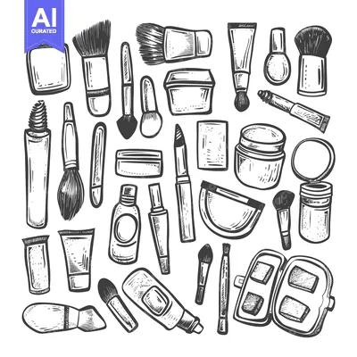 Aset premium populer: Hand-Drawn Collection of Makeup Brushes and Containers