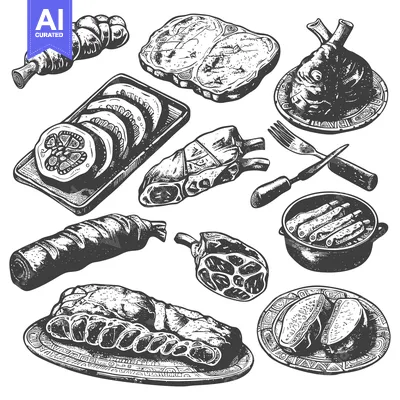 Aset desain premium: Hand-Drawn Collection of Meat Cuts for Butcher Shop or Restaurant Menu