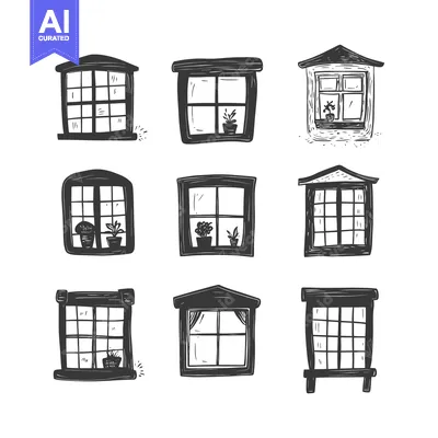 Aset desain premium: Hand-drawn collection of nine different windows with unique styles