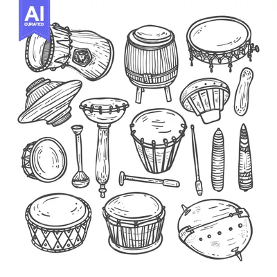 Aset premium populer: Hand-Drawn Collection of Various Drums and Percussion Instruments