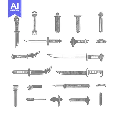 Aset desain premium: Hand-Drawn Collection of Various Knives and Swords