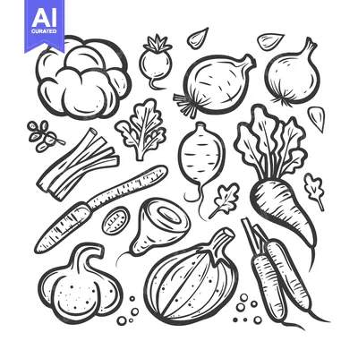Aset premium populer: Hand-Drawn Collection of Various Vegetables in Black and White