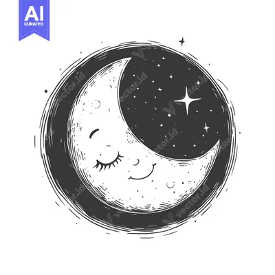 Premium design asset: Hand-drawn crescent moon with closed eyes and a smile surrounded by st