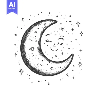 Aset premium populer: Hand-Drawn Crescent Moon with Closed Eyes and Surrounding Stars