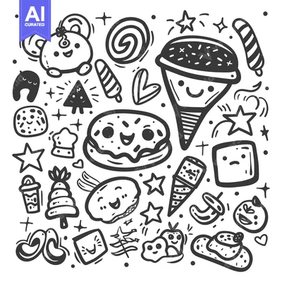 Aset desain premium: Hand-Drawn Cute Doodle Icons with Happy and Sad Faces